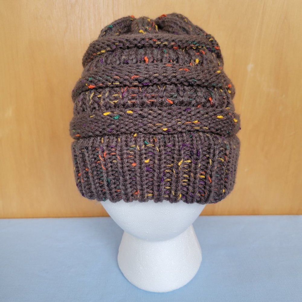 NEW Beanie Brown Fuzzy Hat Crochet Sprinkle Confetti All Season Comfy Warm Cap